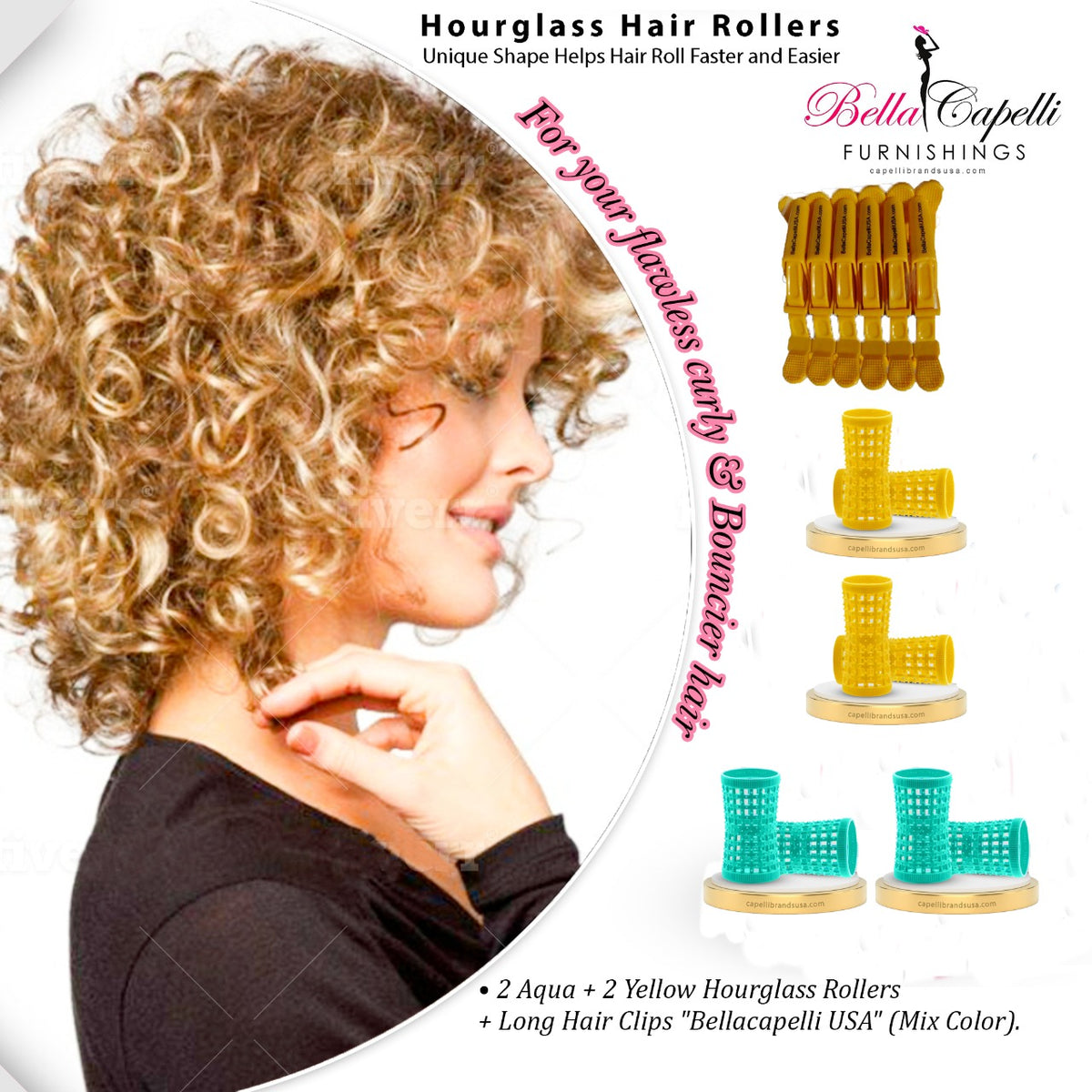 20% OFF package deal for 2 Pack of Yellow & 2 Packs Aqua – Pack of 12 with 12 pack of Bella Hair Clips