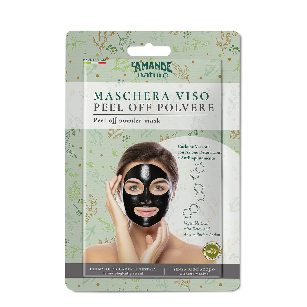 MASKS Peel off powder face mask Coal of vegetable origin known for its absorbent detoxifying and purifying activity useful in case of impurities and pollutants that tend to gray the skin Gives a feeling of softness and cleanliness Improve the look and complexion of your face Without dyes to protect the skin of the face Dermatologically tested on sensitive skin Nickel tested < 1ppm Formulated using dermo-compatible ingredients, with high skin tolerability 97% ingredients of natural origin in the formula